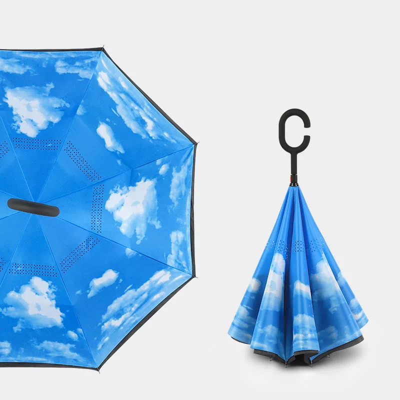Parasol dwuwarstwowy odwracany 2025, długi uchwyt, prosty trzonek, parasol samochodowy w kształcie litery C, odwracany parasol przeciwsłoneczny, parasol golfowy. — zdjęcie 3