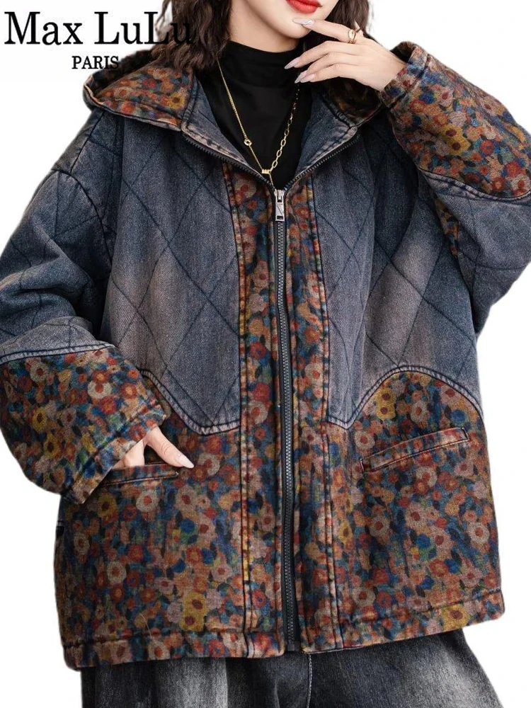 Max LuLu Warm Printed Womens Winter Quilted Hooded Denim Parkas Thicken Vintage Jeackets Casual Cotton Loose Oversized Outerwear