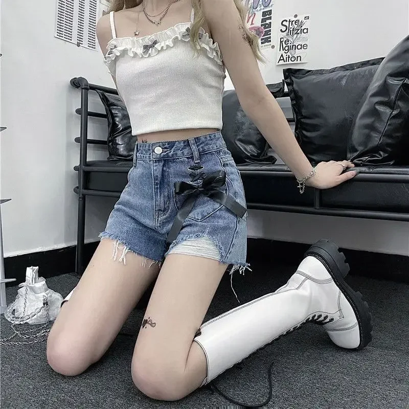 

Denim Shorts for Women Strappy Ripped Jorts Elegant Cheap New In Harajuku Fashion 2000s Clothes Y2k Comfy Short Jean Pants Woman