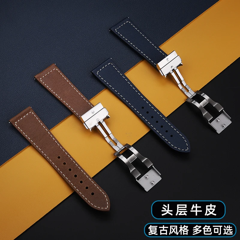 High Quality Vintage Leather Watch Band for Longines Pioneer Duoshi L3.812 Series Folding Clasp Men\'s 22mm Strap Watchband