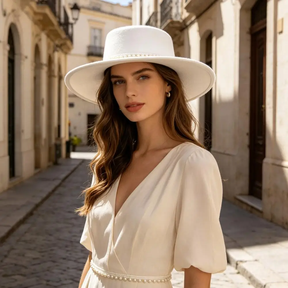 Wedding Guest Fashion Hat Wide Brim Wool Felt Hat for Women Vintage Flat Top Fedora with Faux Pearl Trim Elegant for Women