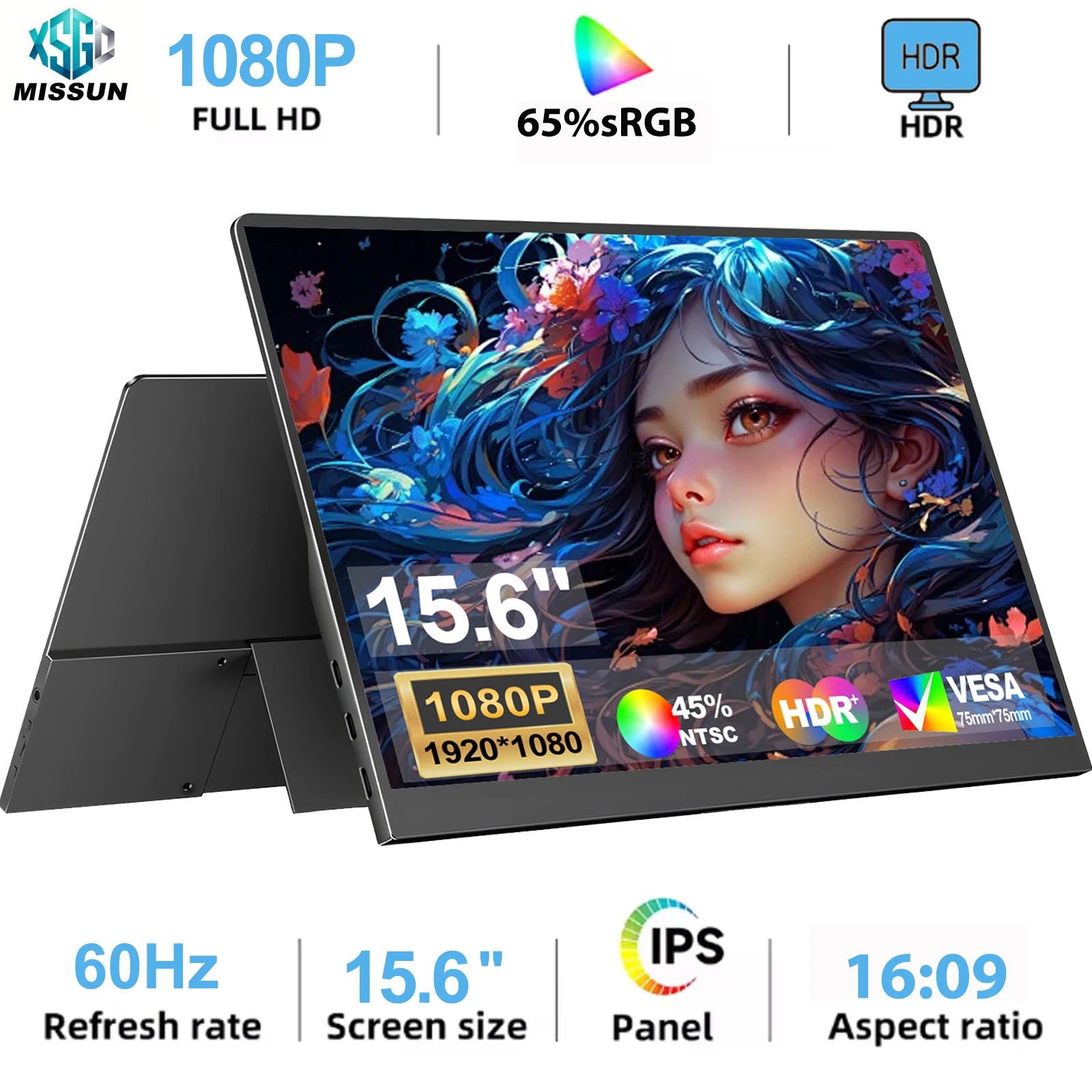 MISSUN 15.6 Inch FHD Portable Monitor, 1920×1080 IPS HDR, 60Hz Refresh Rate, Eye-Care Screen. Compatible with PC, Laptops an