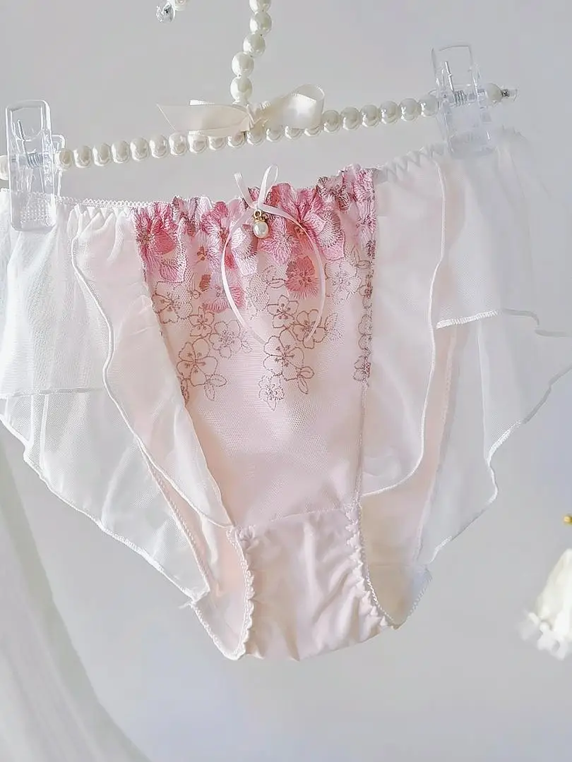 Lotus Leaf Edge Fairy Japanese Lolita Girl Mid Low Waist Underwear With Flower Embroidery Pure Desire Lace Edge Triangle Pants