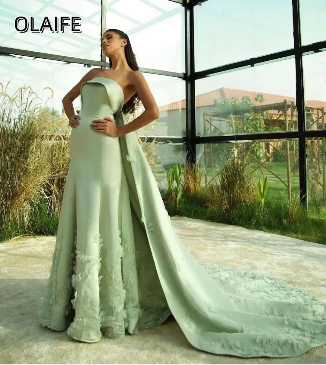 

Атласное женское вечернее платье трапециевидной формы без бретелек с цветами и бисером, со шлейфом, вечернее платье на заказ, без рукавов и с открытой спиной, robes de soirée