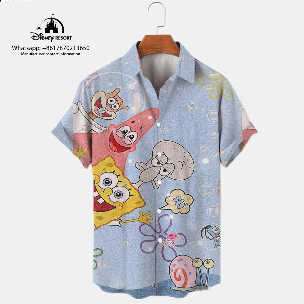 Summer Fashion 2024 New Harajuku Street Spongebob Cartoon Casual Trend Versatile Men's Lapel Short Sleeve Shirt Top