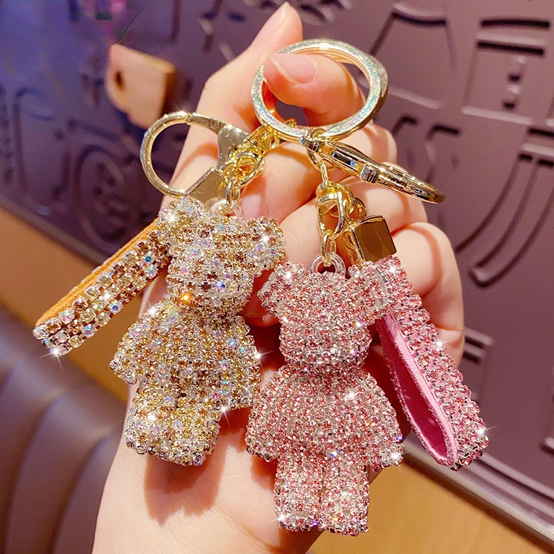 Cute Rhinestones Tassel Bear Keychain Couple Keychain Girl Decoration Small Pendant Car Key Ring Student Bag Pendant