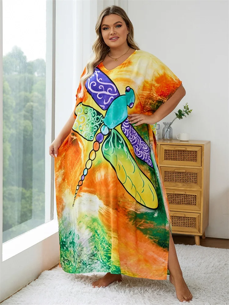 2024 Summer Plus Size Bohemian Print V Neck Batwing Sleeve Loose Kaftan Dress African Women Beachwear Swimsuit Cover Up Q1577