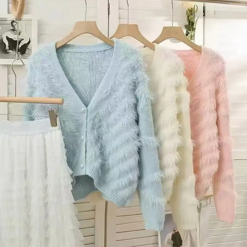 

Осень-зима 202, новая женская розовая норковая шуба, простой однотонный женский повседневный вязаный кардиган с длинными рукавами, пальто