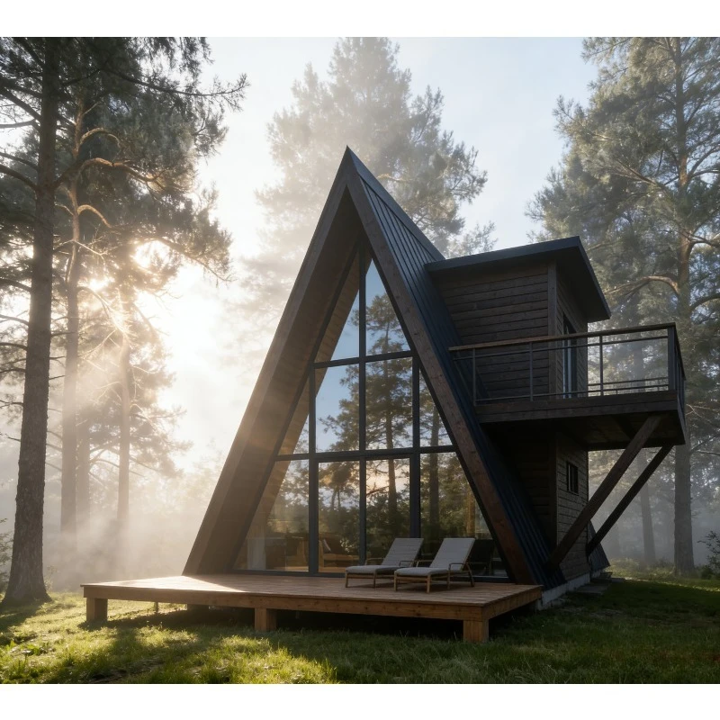 Double Story A-frame Triangle Cabin Steel Structure with Terrace Wood Appearance Luxury Resort Prefab Chalet Home