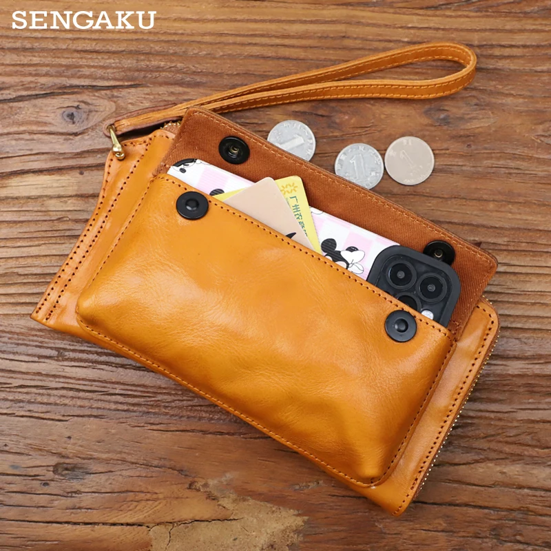 Men zipper genuine leather long wallet 16 card holder Big Zip around genuine leather clutch purse phone coin pocket