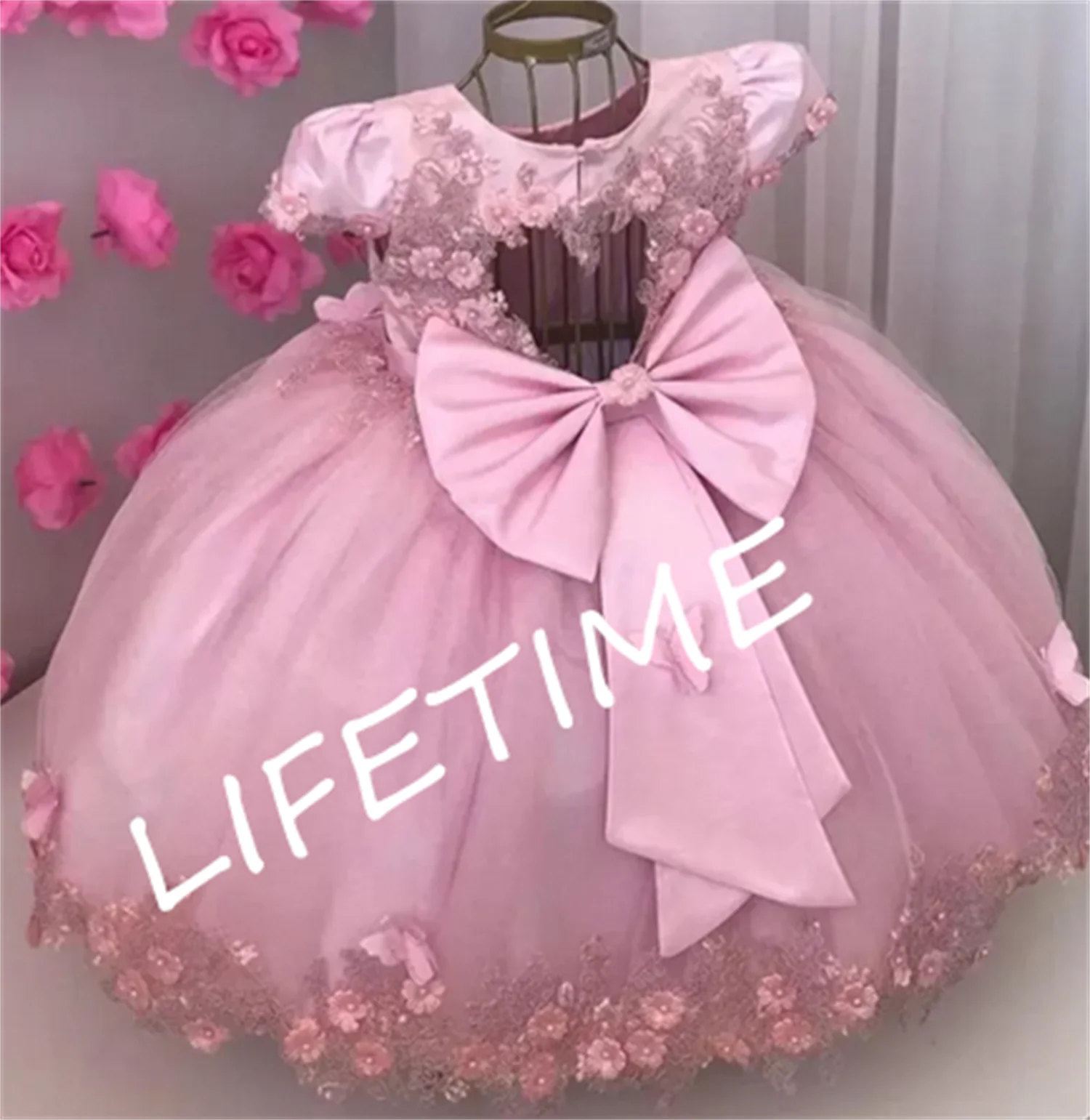 

Pink Ball Gown Flower Girl Dresses For Wedding Cap Sleeves Toddler 3D Appliqued Birthday Gowns With Bow