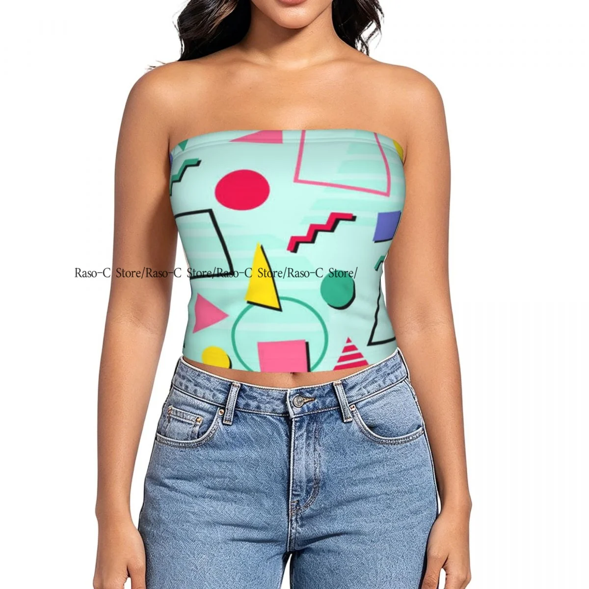 Women strapless blouses sleeveless Memphis Retro 90s Texture halter-neck sexy short-sleeved blouses