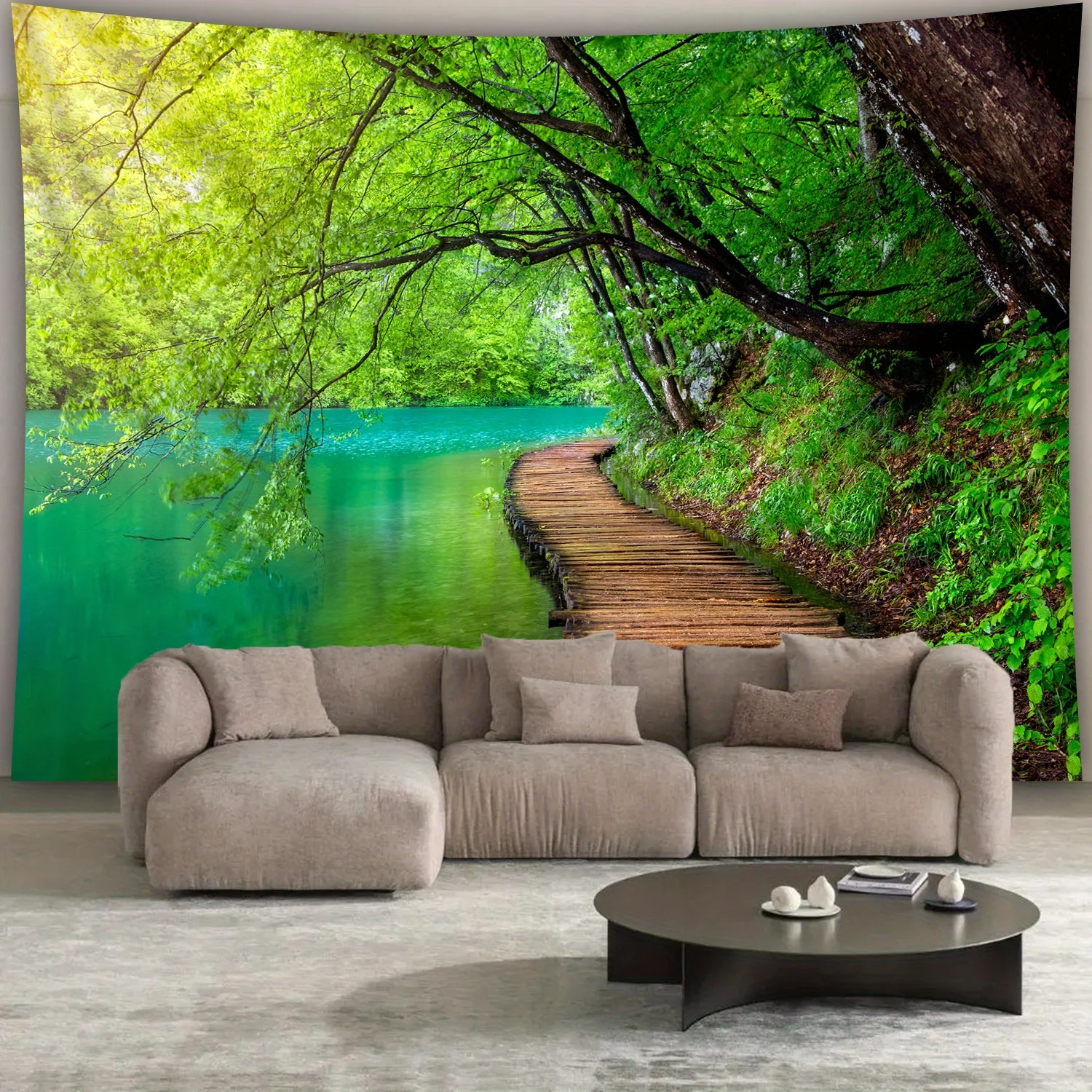 Peaceful Lake View Tapestry, Wooden Path through Forest and Water, Relaxing Nature Art Decor for Home Dorm Background