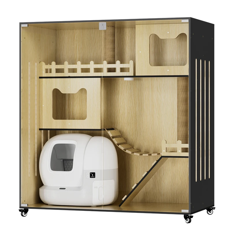 Cage en bois massif auto-conçue, meuble pour chat domestique, villa de luxe pour chat d'intérieur, écologique