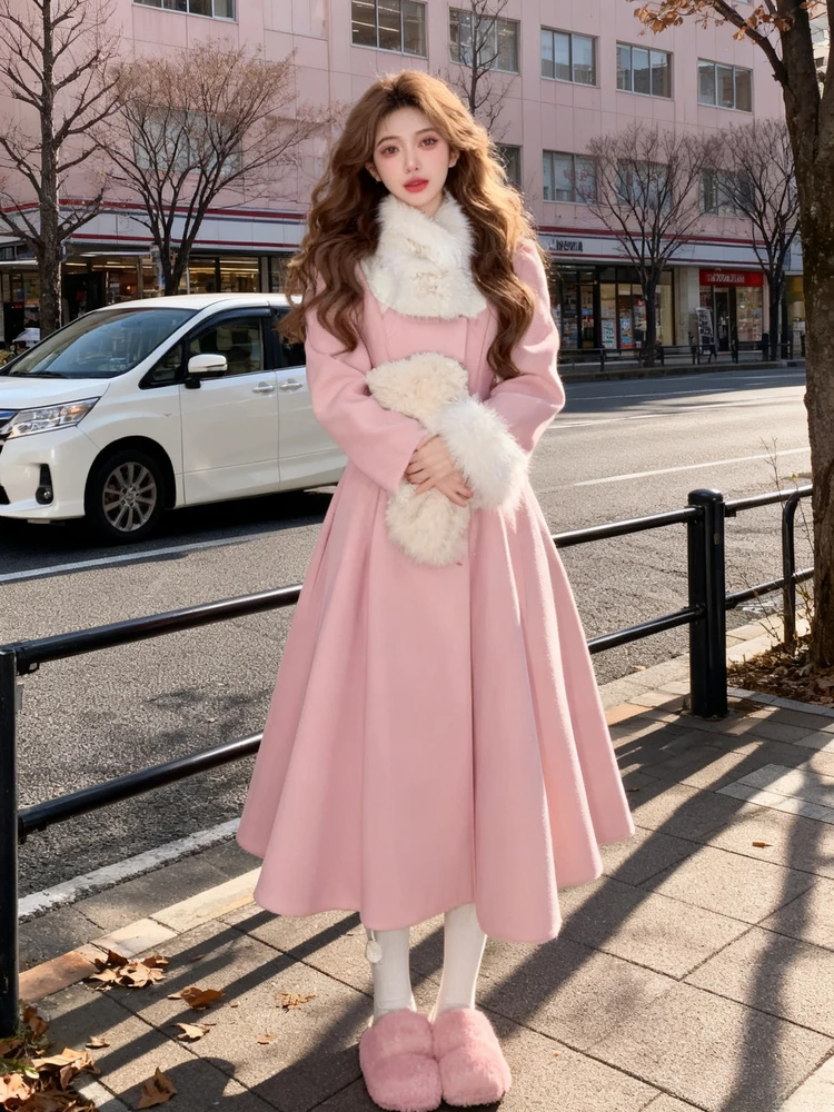 

Ele Long Woolen Coat Women's Waist-Cinching Double-Breasted Sweet Sle Faionable Girl Windbreaker Trendy Teenager Feel