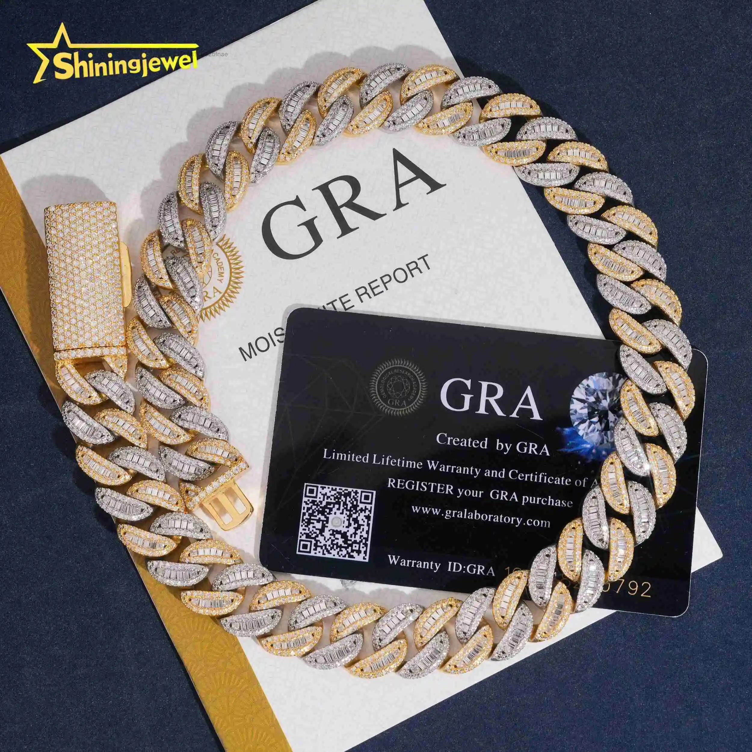 New Style Two Tones Color 15mm Baguette Moissanite Cuban Link Chain Custom Men Hip Hop Iced Out Diamond Silver Chain，