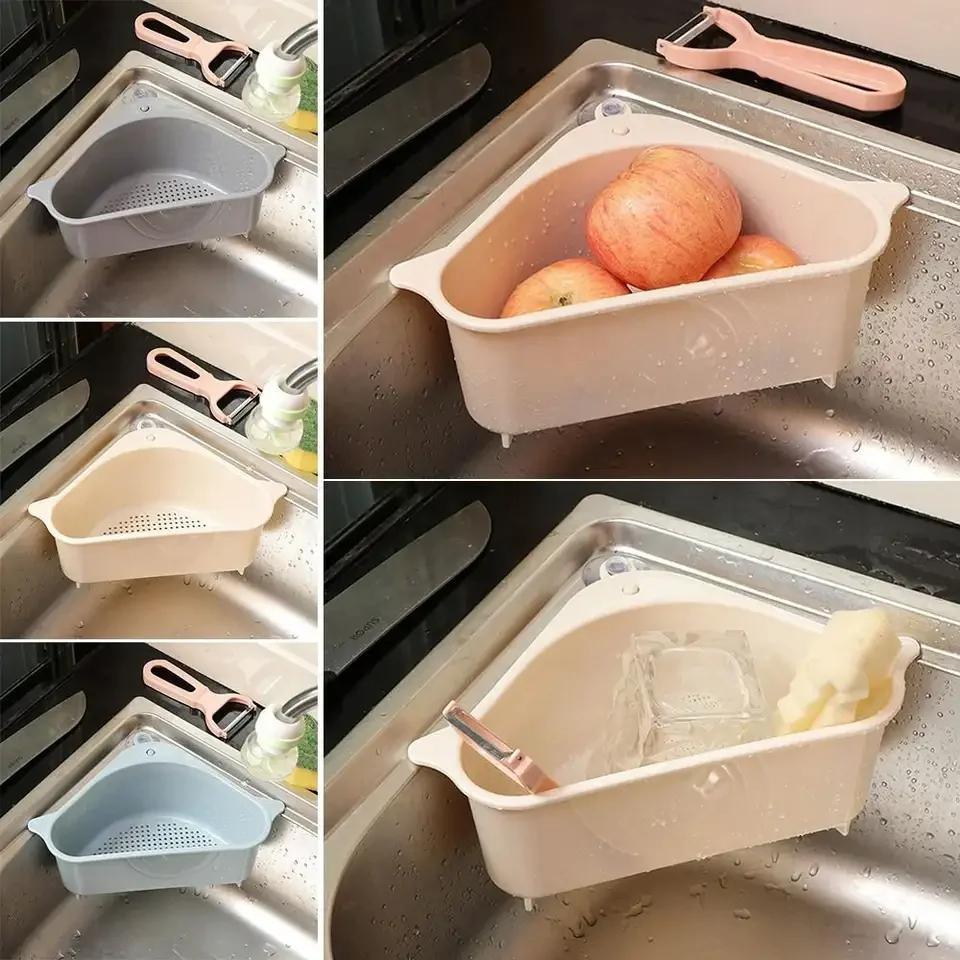 

Multifunctional Kitchen Sink Drain Rack with Sucker Triangle Hollow Fruit Sundry Storage Baskets Home Convenience Small Tools