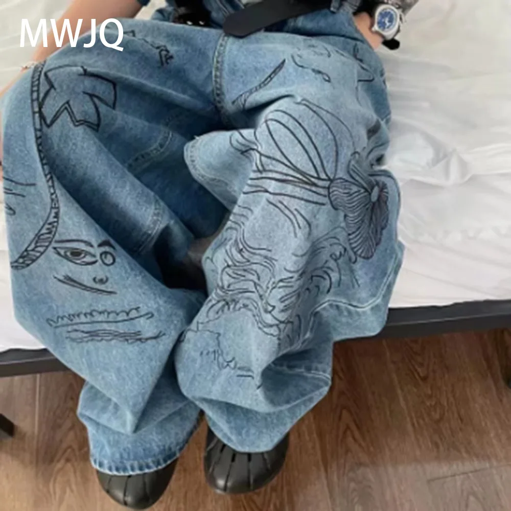 

MWJQ Male American Vintage Graffiti Design Jeans Men's Europe High Street Oversized Wide Leg Pants Spring Casual Trouser 010253