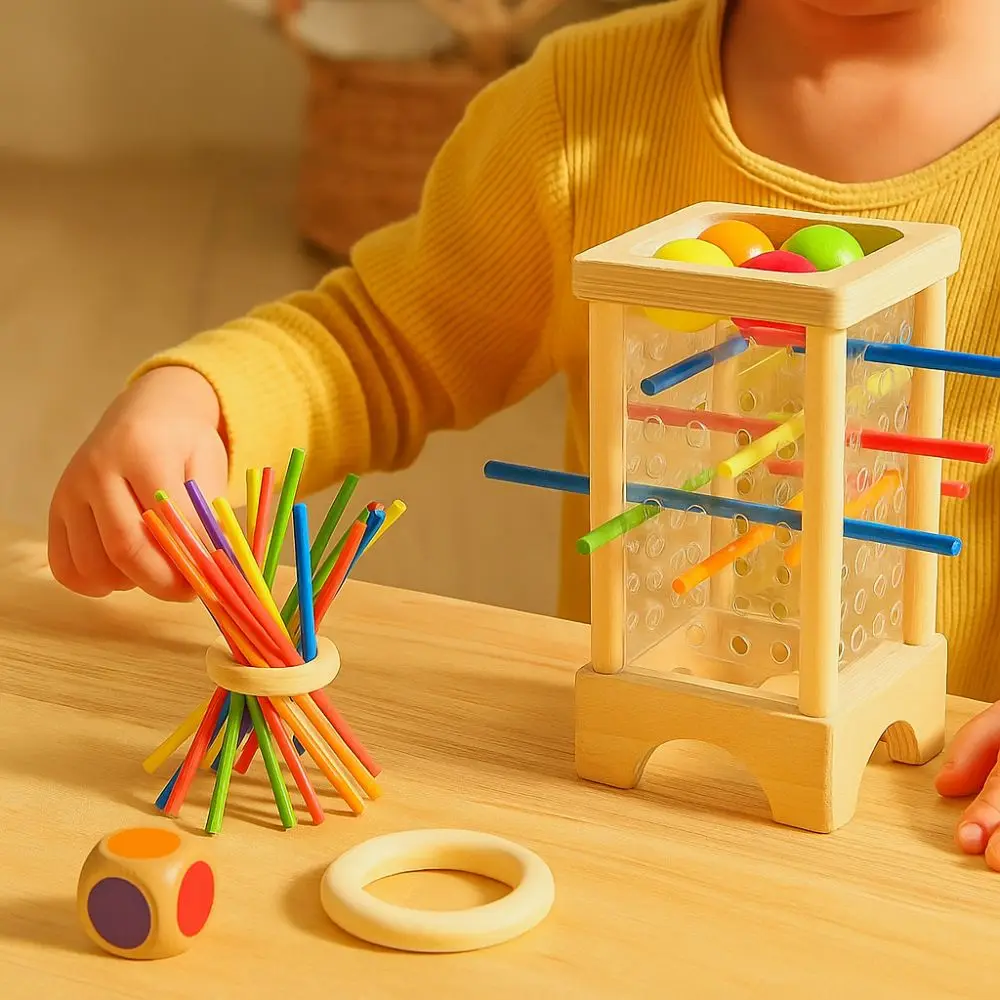 4-stronne drewniane gry planszowe z kolorowymi patyczkami, zabawki edukacyjne, gra Montessori z wpuszczaniem kulek, klasyczna gra rozwijająca motorykę małą