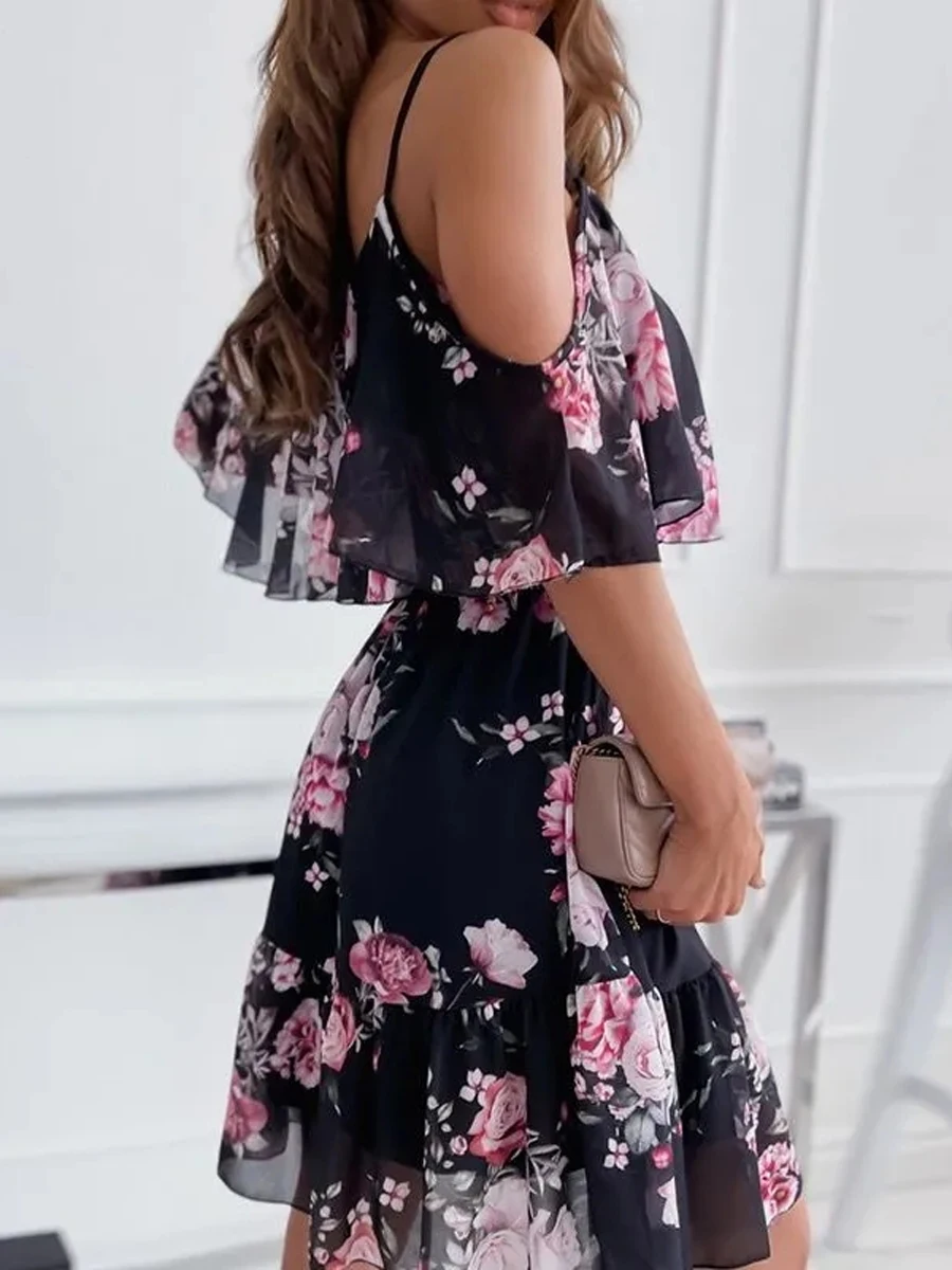 Sexy Strap Woman Dress Summer Floral Chiffon Print Off Shoulder Sundress Elegant Chiffon A-Line Beach Boho Dresses Vestidos