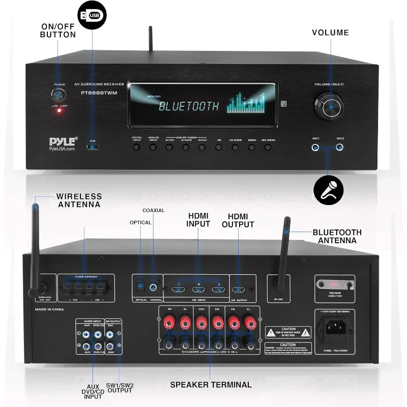 1000W Bluetooth Home 2 UHF Microfone Sem Fio Suporte de Passagem de Vídeo, MP3/USB/HDMI/AM/Rádio FM - Pyle PT888BTWM, Preto