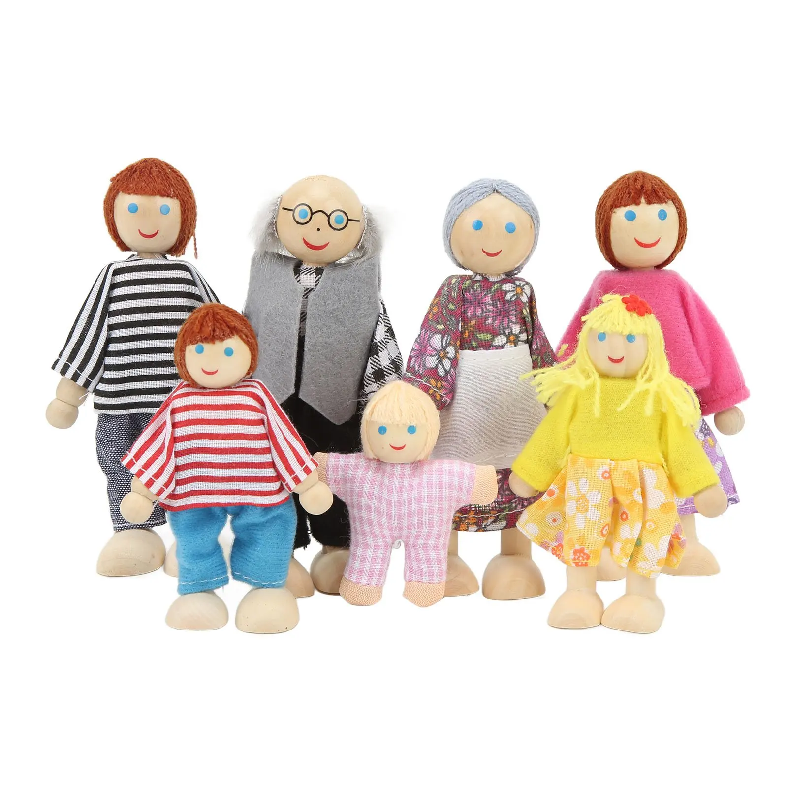 Wooden Doll House Family Cute Simulation 7 Dolls Family Pretend Play Figures for 1:12 Dollhouse
