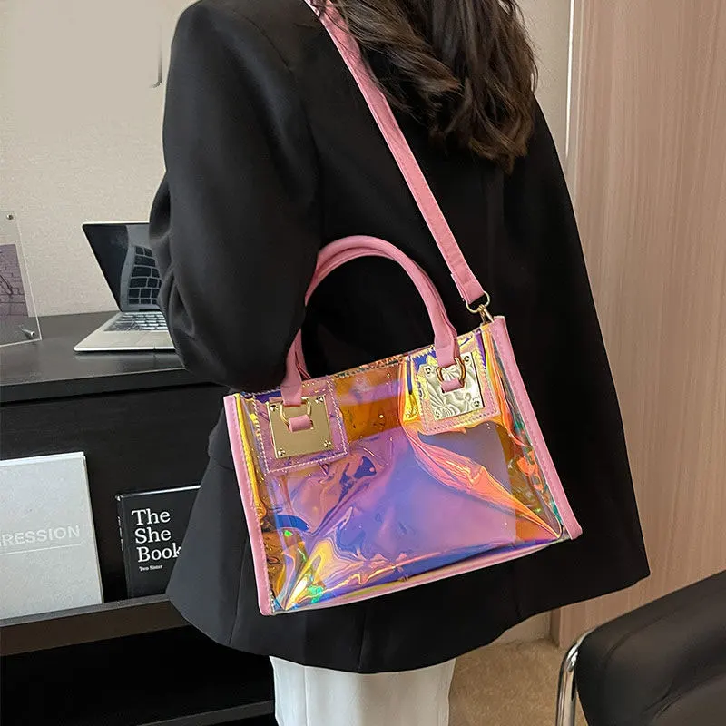 Bolsa transparente portátil de gelatina a laser de alta qualidade para mulheres com grande capacidade retangular doce ombro diagonal bolsa transversal