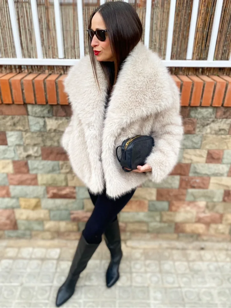 Women Fashion Faux Fur Jacket Vintage Luxury Turn-down Collar Long Sleeve Coat 2024 Autumn Winter Woman Thick Warm Outwears