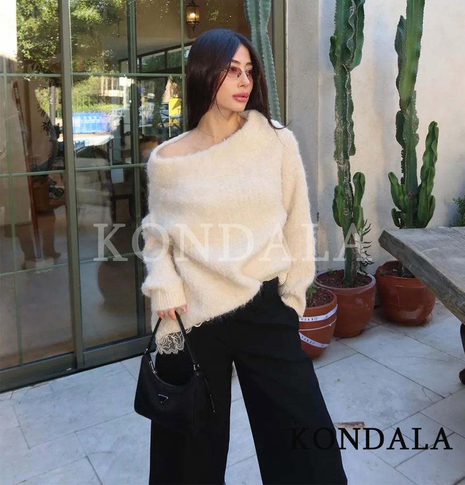 KONDALA Elegant Chic Off-Shoulder Sweater Women Romantic Lace-Hem Knitted Sweater 2026 Spring Trendy High Street Female Sweater