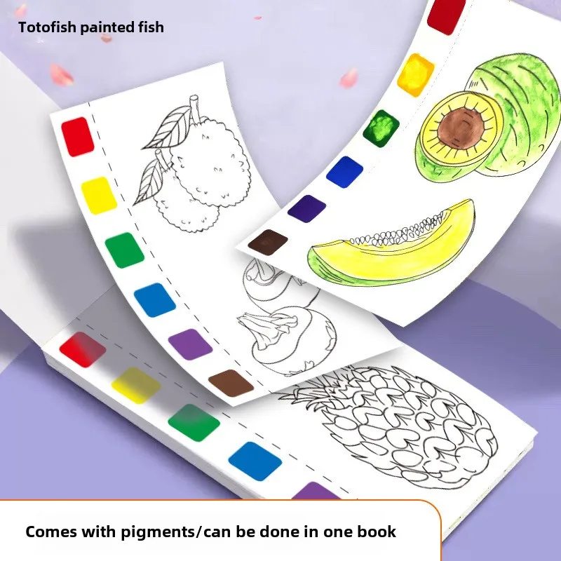 2025 New English Hot Selling Coloring Book Puzzle Students Mini Watercolour Paint Pad Fruit Watercolour Coloring Book