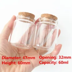6 Pcs/lot 32*47*60mm 60ml Little Glass Jar empty Glass Bottle Stopper Spicy Storage Jars spice Containers Candy Vials