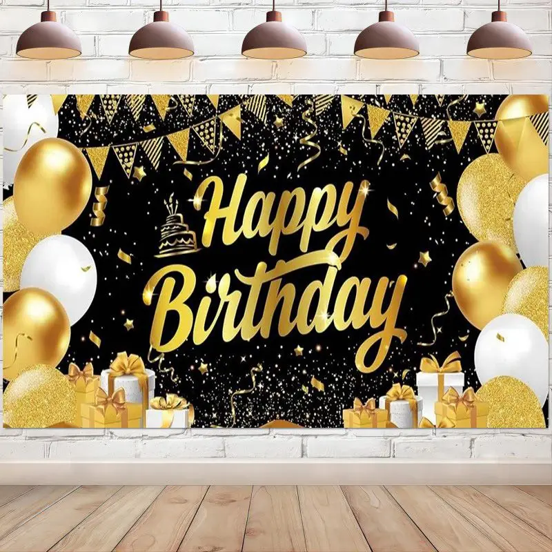 

Happy Birthday Backdrop Banner Glitter Black and Gold Balloons Photography Background Party Decorations Supplies for Women Men