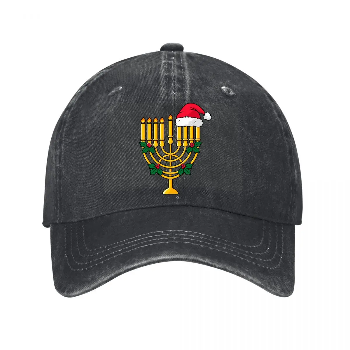 Hanukkah Chrismukkah Menorah Santa Holly Candle Holiday Design New Vintage Washed Cotton Baseball Cap Sun Hats