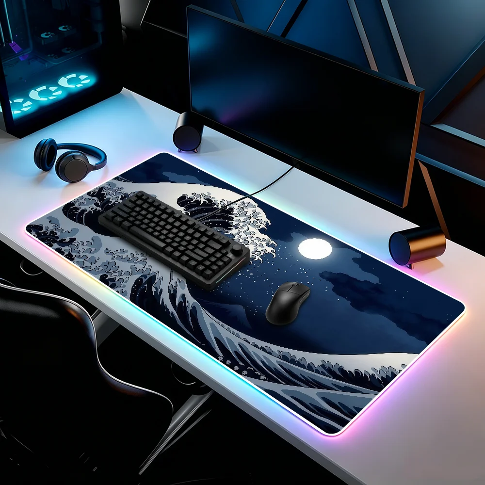 

Art The Great Wave Off Kanagawa H-Hokusai Mouse Pad RGB Led Gaming Bedroom Office Desk Non-Slip Mat Waterproof Large
