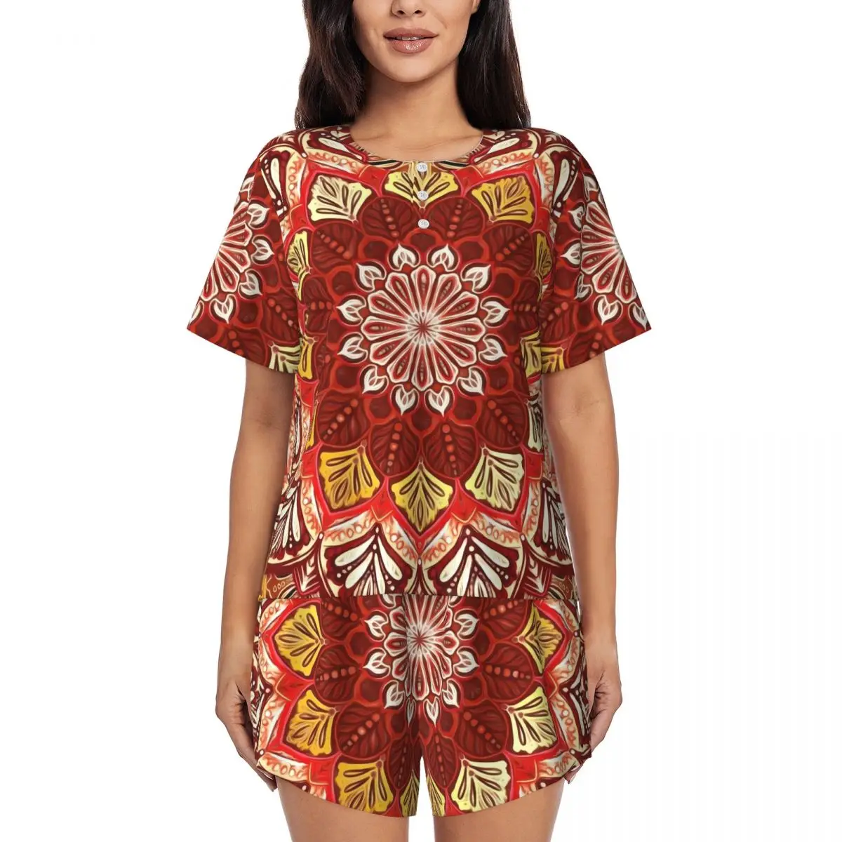 

Retro Boho Floral Pajamas Women Red and Gold Cute Nightwear Summer Short-Sleeve Two Piece Home O Neck Custom Pajama Sets