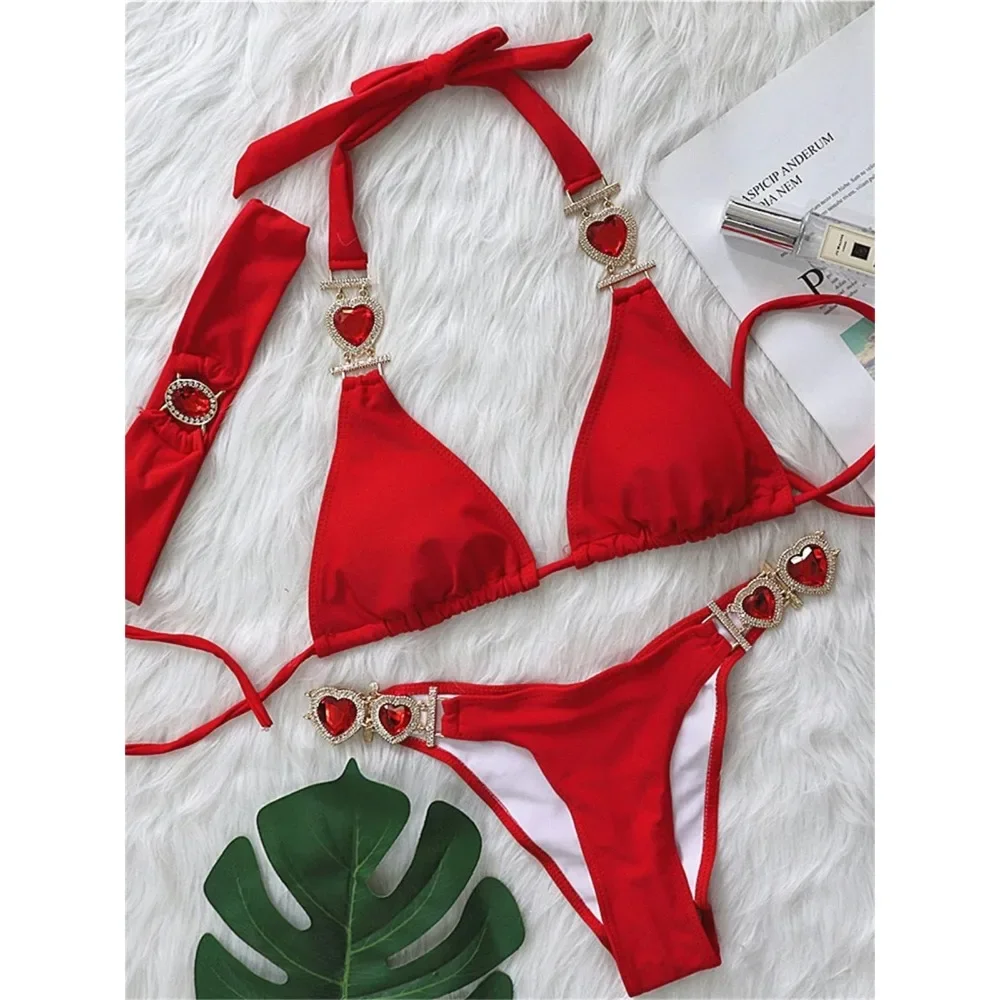 Diamond Thong Swimwear Metal Chain Bathing Suit Band 3 Piece Swimsuit Sexy Rhinestones Bikini 2024 Mujer Women Solid Red Glitter