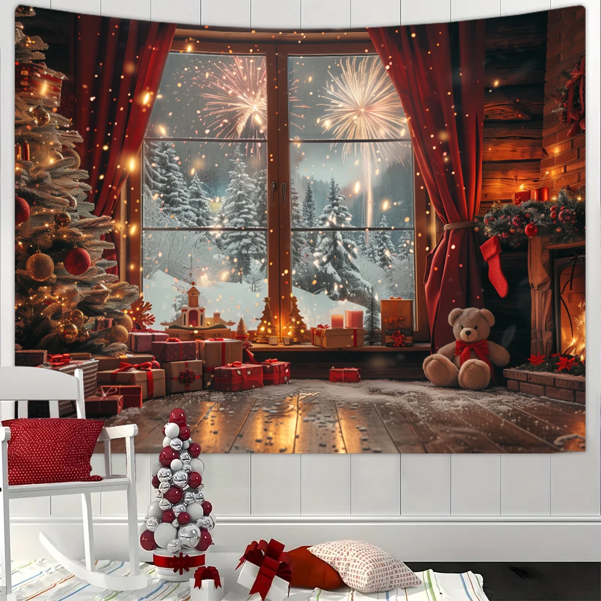 VIKAMA Wandteppich für Weihnachtsfenstern, Weihnachten, Frühling, Festival, festliche Atmosphäre, Heimdekoration, Wandteppich