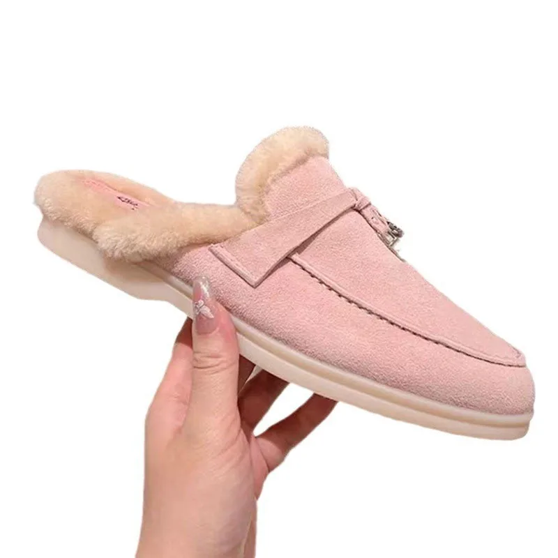 2025, italienische High-End-Loafer für Herbst und Winter, Samt-Taschenkopf, Schaffell, faule Schuhe, flacher Boden, halbhaariges Drag-Paar