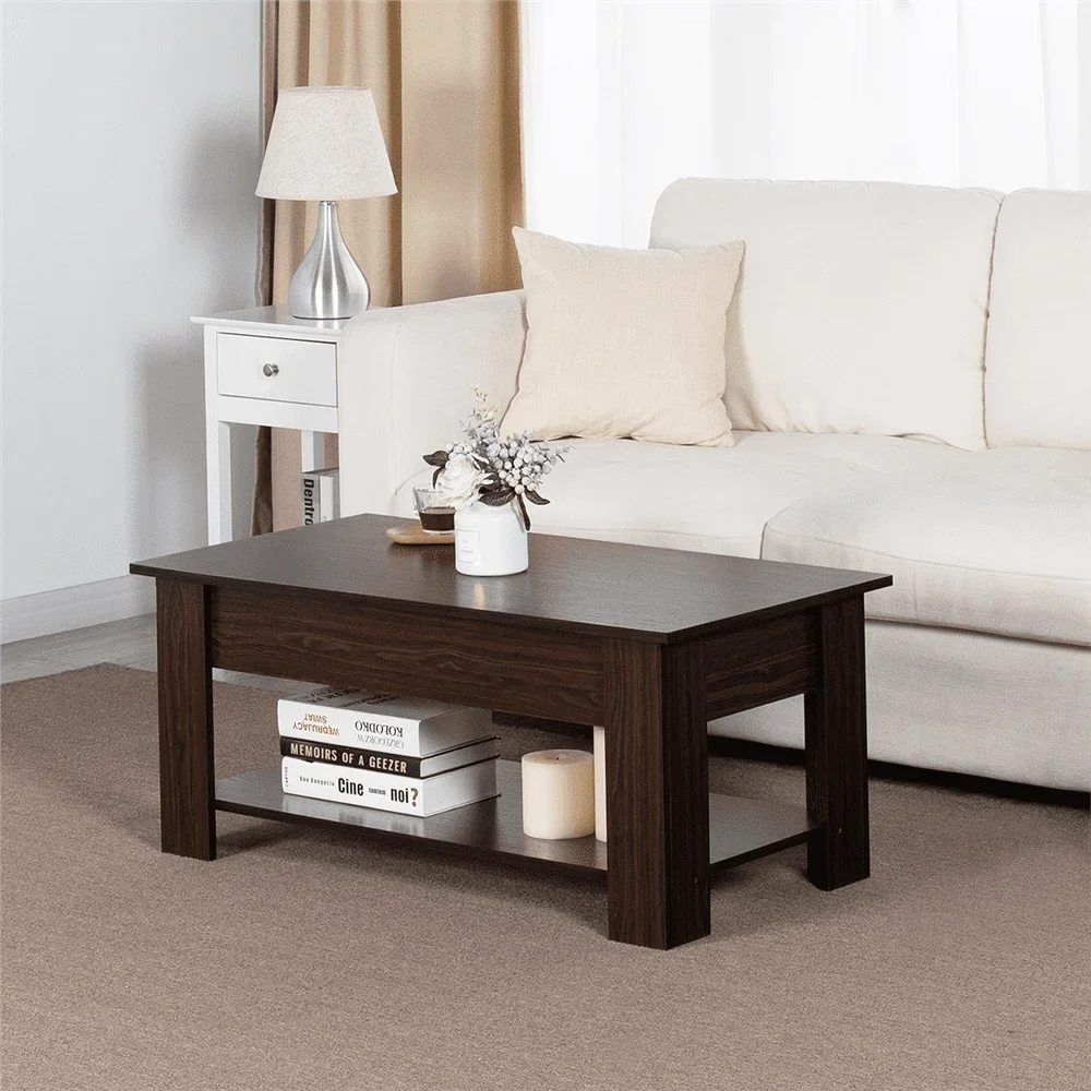 Mesa de centro moderna con tapa elevable de madera de 38,6" con estante para salón, color espresso