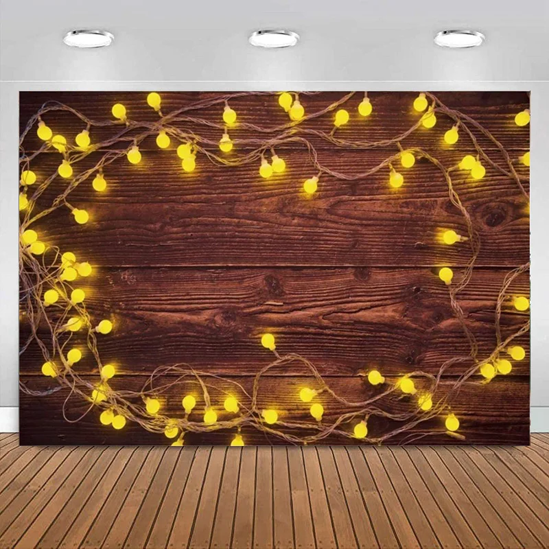 Thanksgiving Day Brown Wood Backdrop Fairy Light Rustic Wood Photography Background Christmas Birthday party Banner Decoration