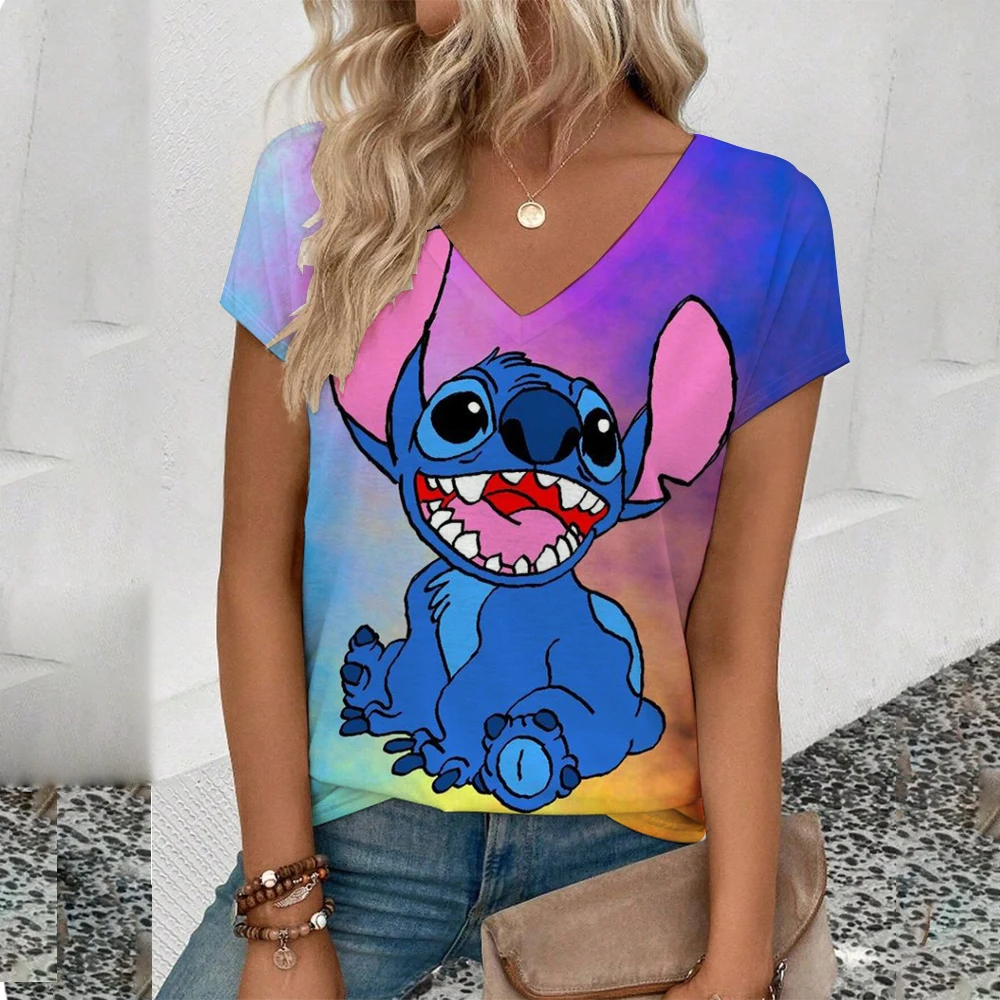 Kawaii Lilo Stitch Print T-shirts Tops for Women Lady Summer Children T-shirts Casual V-neck Ohana Stitch Disney T-shirts