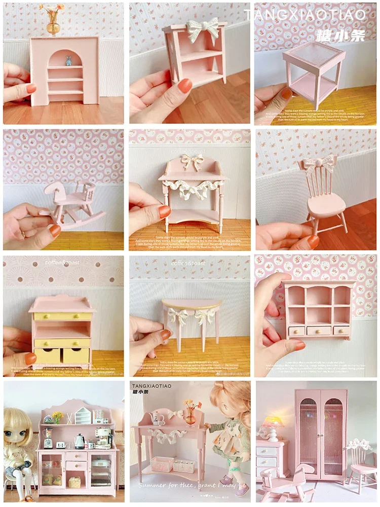 

Miniature Furniture Pink Series Cabinet Mini Dresser Desk Bookcase Wardrobe New Diy Miniature Dollhouse Furniture Decoration