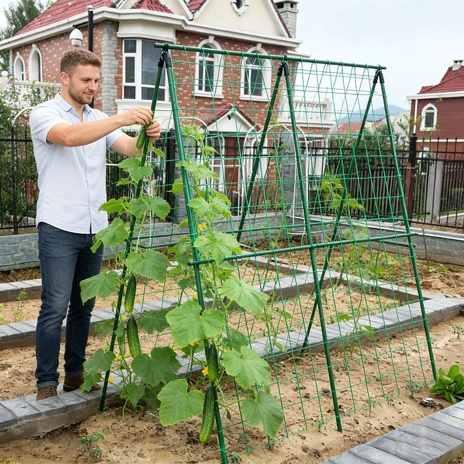 Triangular Foldable Cucumber Trellis Garden Vegetable Climbing Frame for Outdoor Backyard Greenhouse Patio Plant Growing
