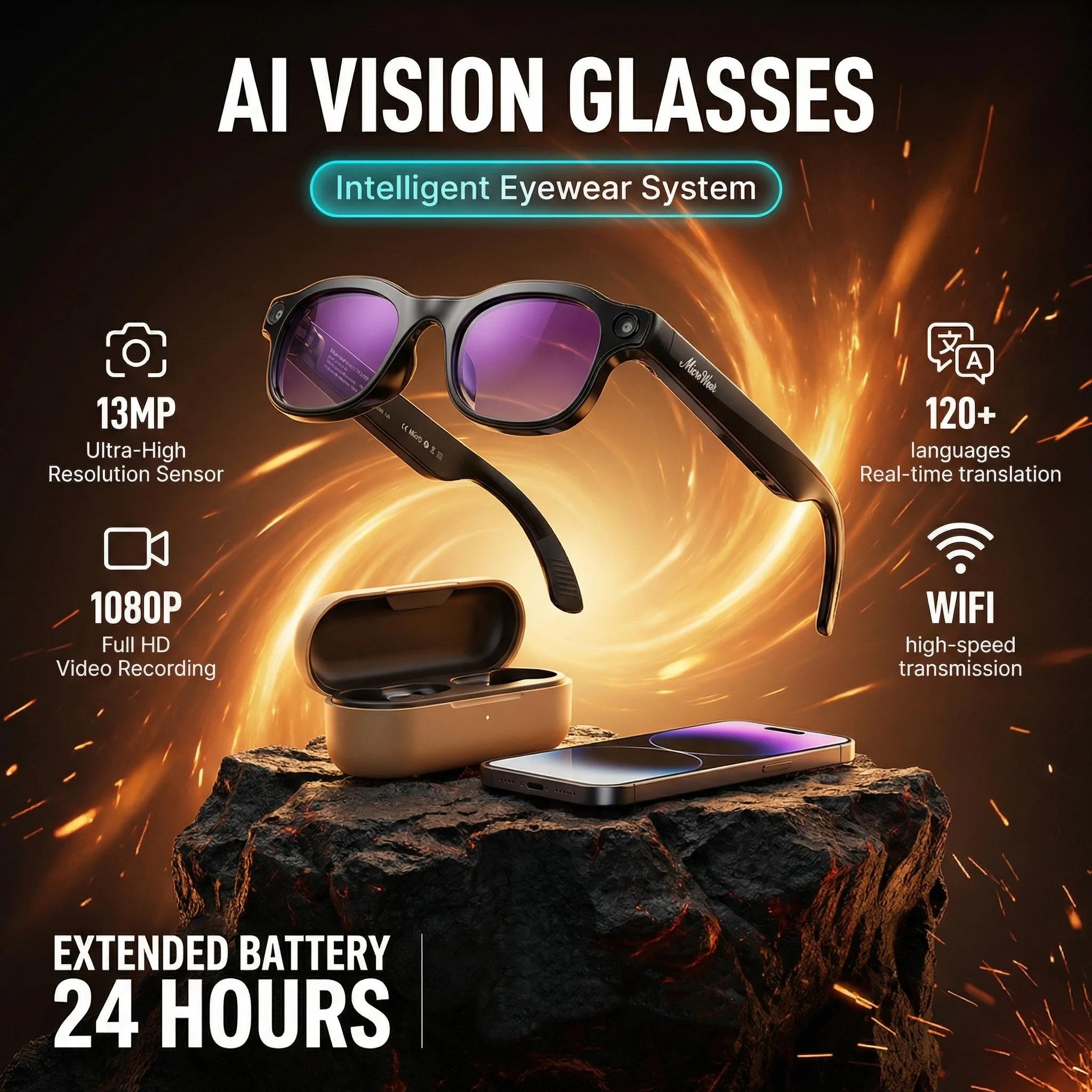 Gafas Inteligentes con IA 2026, Lente 4K de 13MP, Cámara de Video POV 4K, Traducción a Más de 150 Idiomas, Asistente de Voz con IA, Gafas Bluetooth de Oreja Abierta