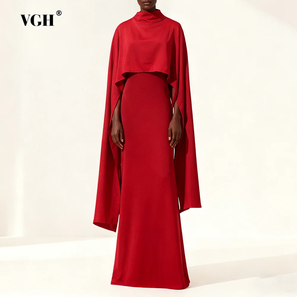 VGH Solid Temperament Shawl Dinnerdresses For Women Tound Neck Sleveless High Waist Elegant Slimming Dress Female Fashion New