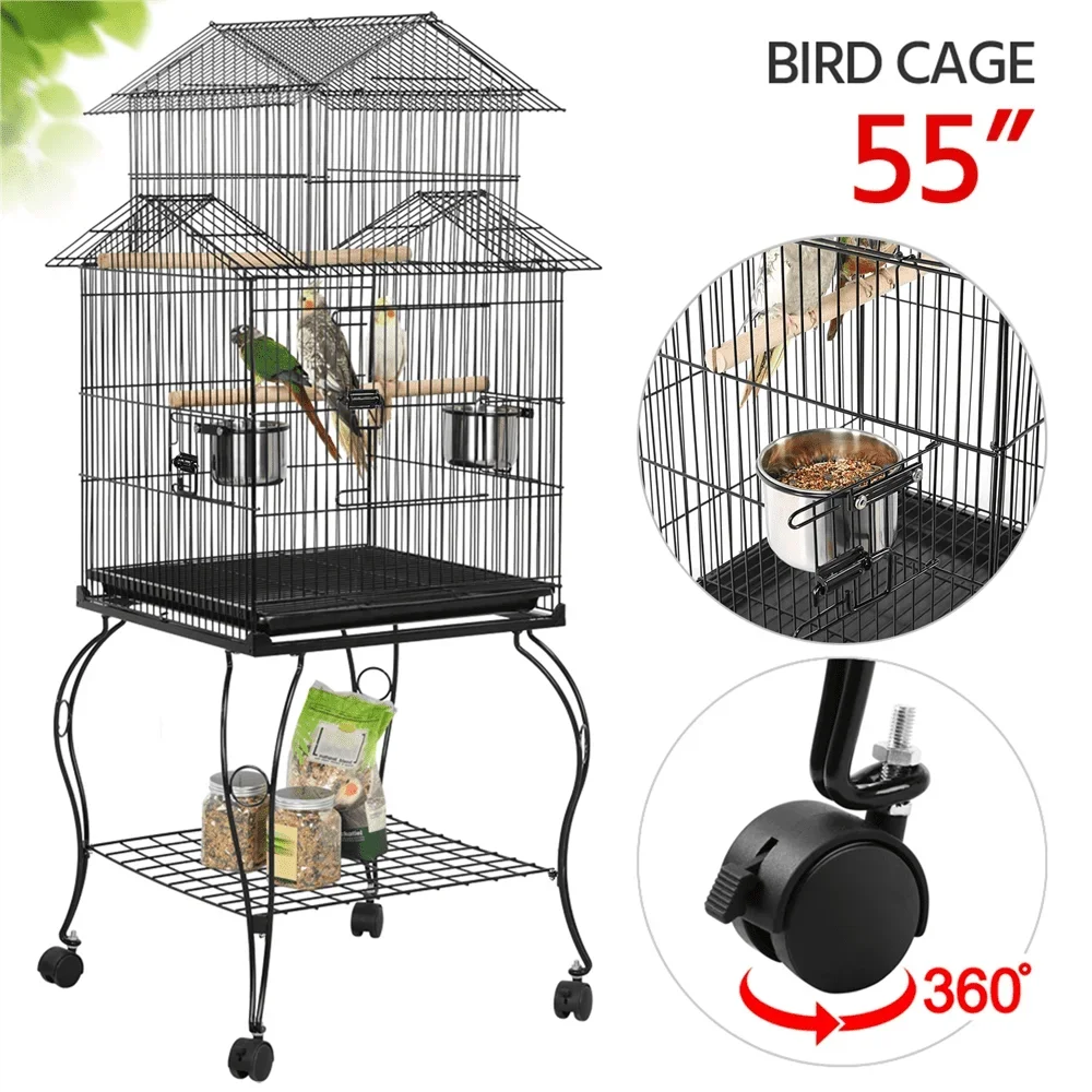 

55'' Metal Rolling Bird Cage With Stand, Black