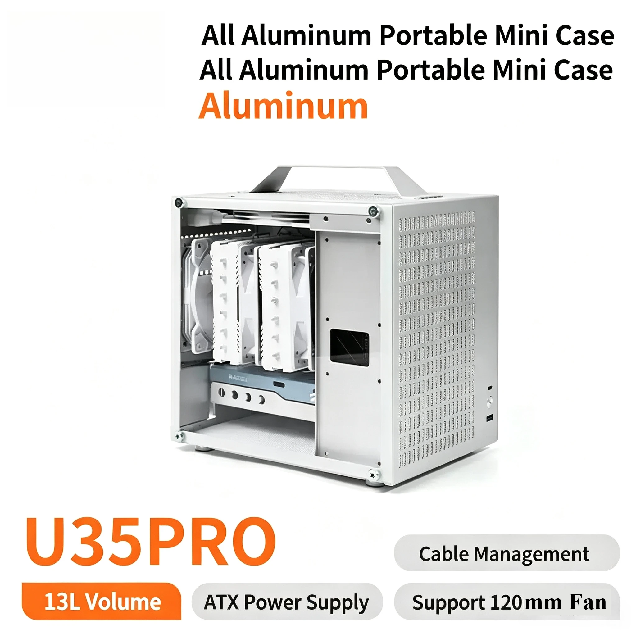 U35PRO Mini ITX Computer Case, Side Window Design for ATX PSU, Portable All-Aluminum Chassis
