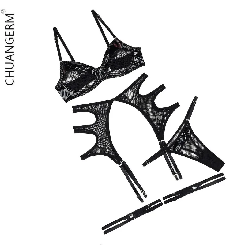 CHUANGERM Sexy Lingerie Sexy Lace Garter belt Fluoroscopy Sheer Light sexy lingerie set see-through mesh metal buckle erotic image 6