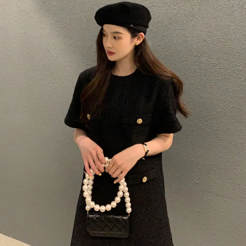 Chic Summer Simple round Ne ket Decorated Plaid Tweed ort Sve Dr ort Skirt Women Korean Sle Loose Waist