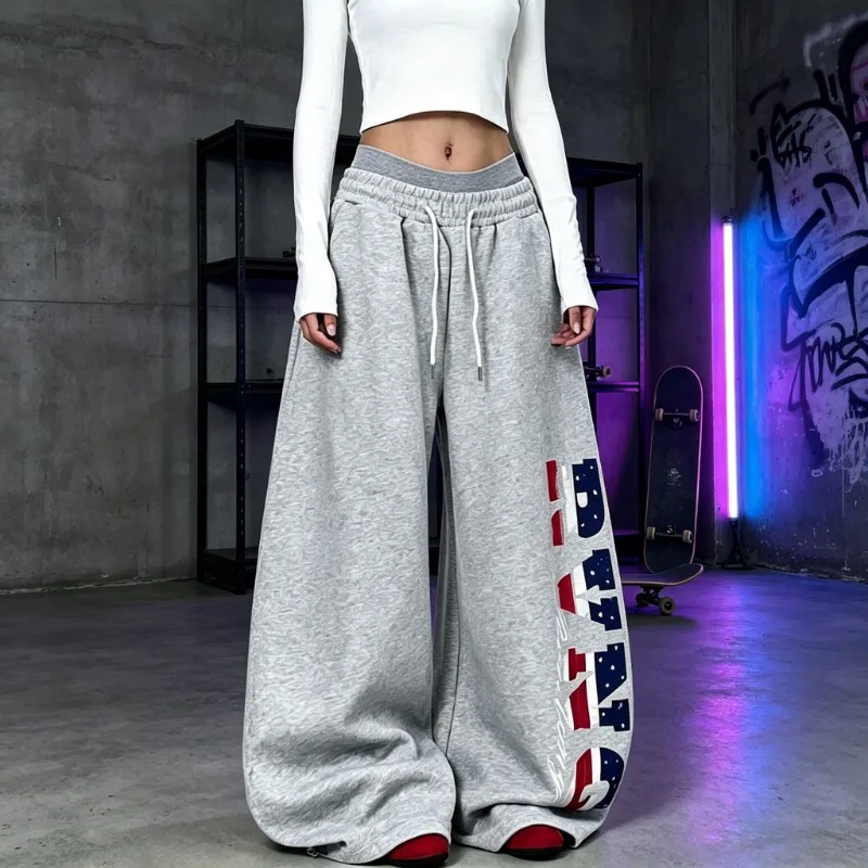 Ladies Spring Autumn Drawstring Loose Wide Leg Sport Pants Letter Graphic Print For Hip‑Hop Jazz Dance Street Casual Dancewear